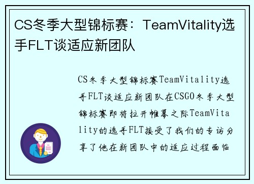 CS冬季大型锦标赛：TeamVitality选手FLT谈适应新团队
